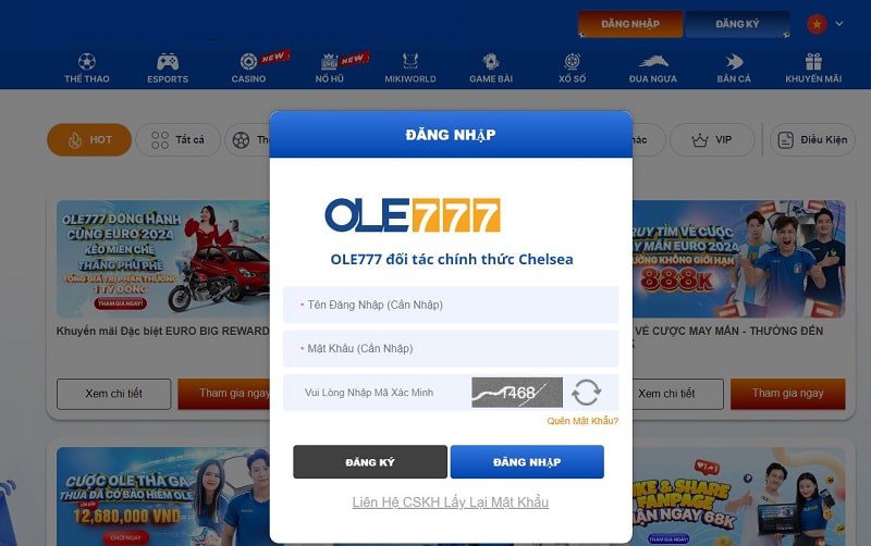 Thao tác đăng nhập OLE777
